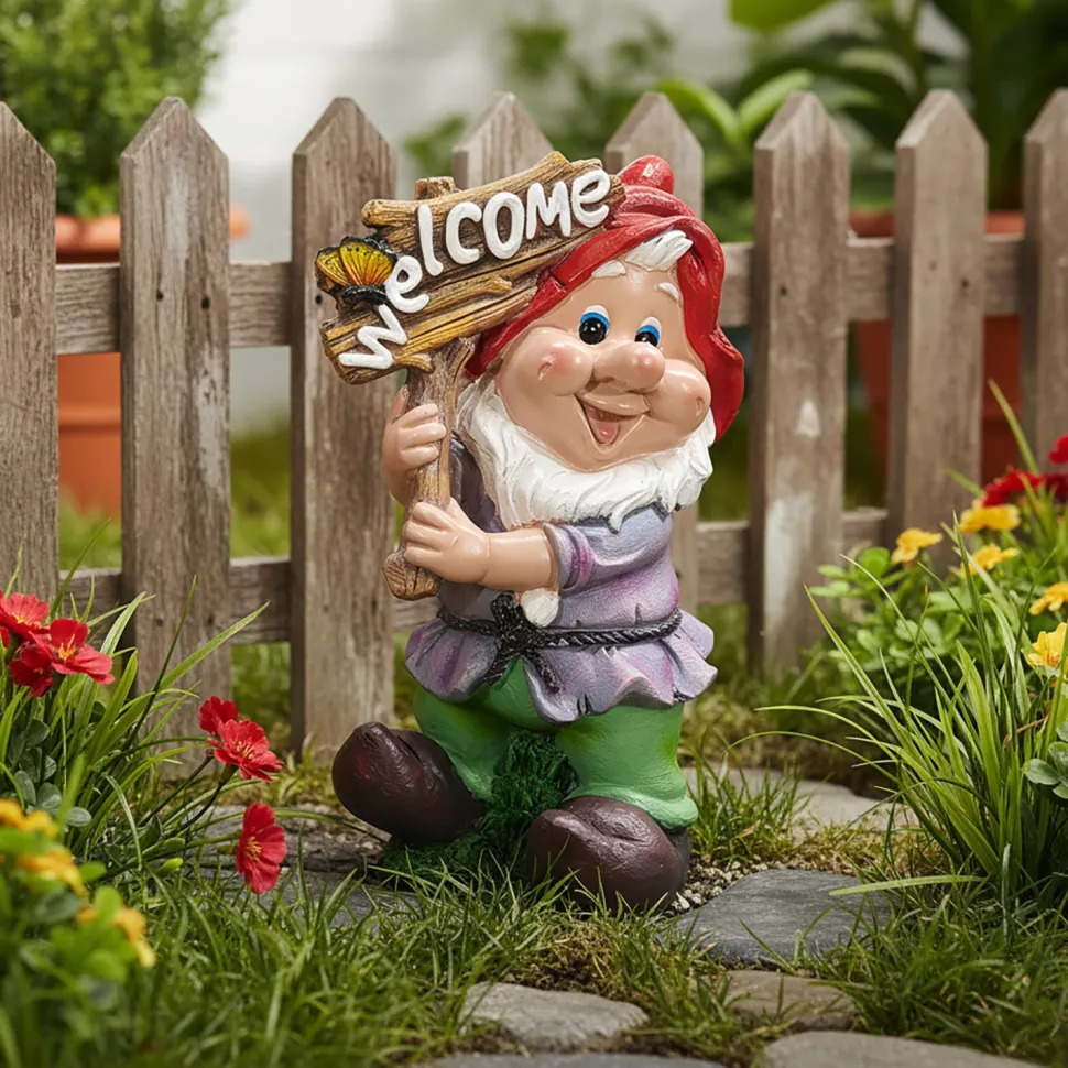 Decorazione da Giardino Gnomo “Welcome” in Poliresina h 31 cm