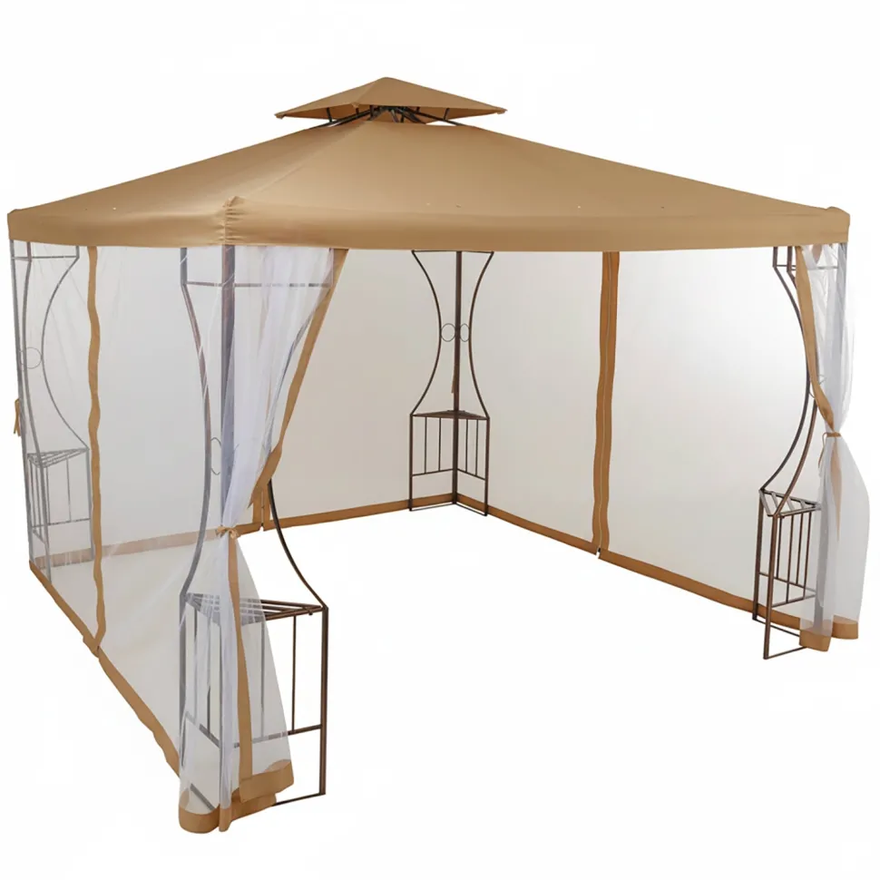Gazebo da giardino in Acciaio Bronzato con Telo in Poliestere Camel e Zanzariera 3x3 metri