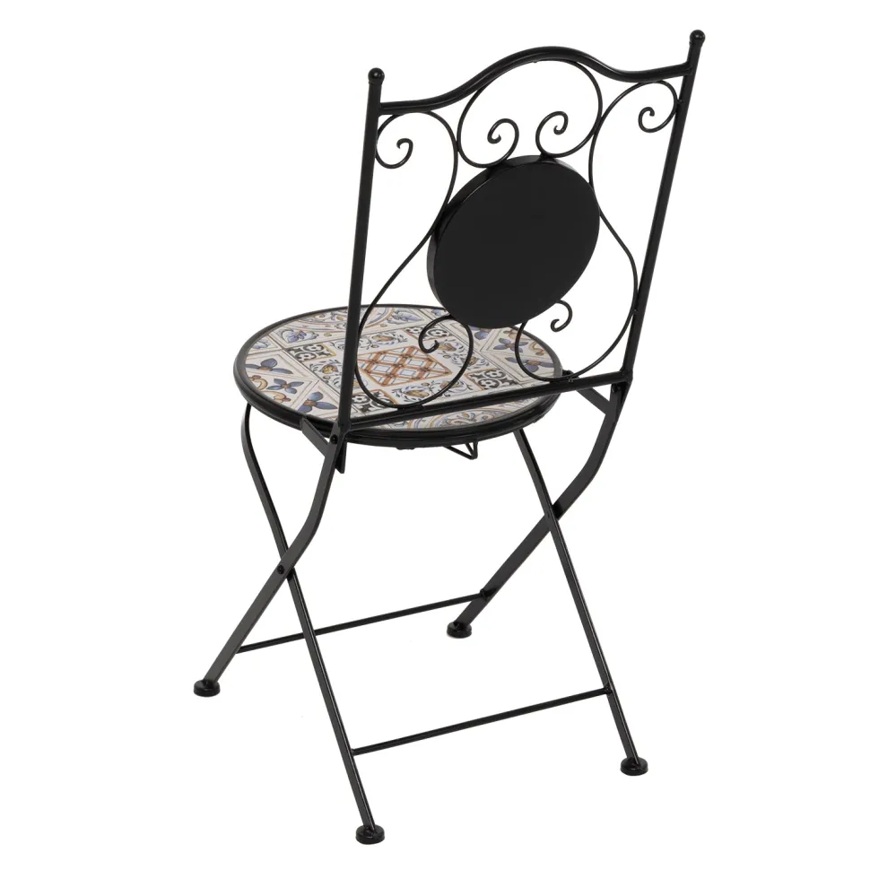 Sedia Pieghevole in metallo nero con maioliche Blu